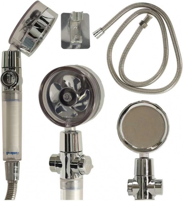 Silver Shower Head with Turbine and Hose
