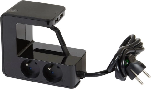 Power strip with clip, 4× outlet 2P+E and 2× USB, black, 1.5 m