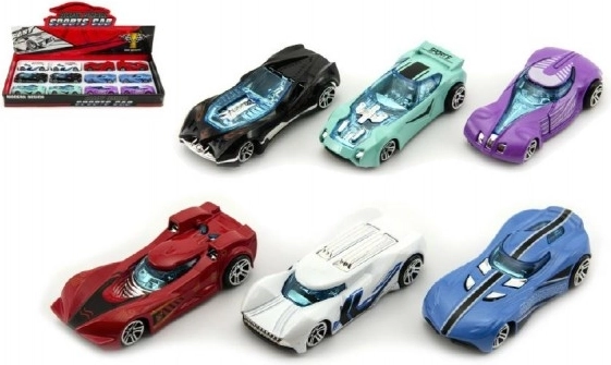 Metal sports toy car 8 cm with flywheel – assorted colors, 12 pcs in a box