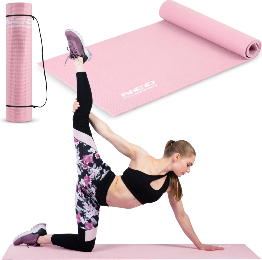 Pink exercise mat NEO SPORT 173 × 61 × 0.6 cm with strap