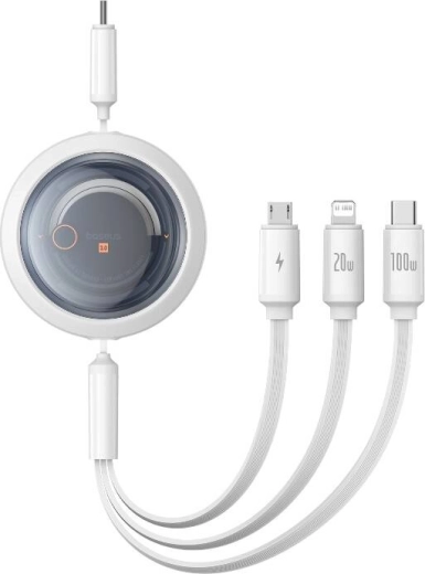 V izvlečni hitri polnilni kabel 3v1 BASEUS Free2Draw, USB‑C na USB‑C/Lightning/Micro, 100 W, 1,1 m, bel