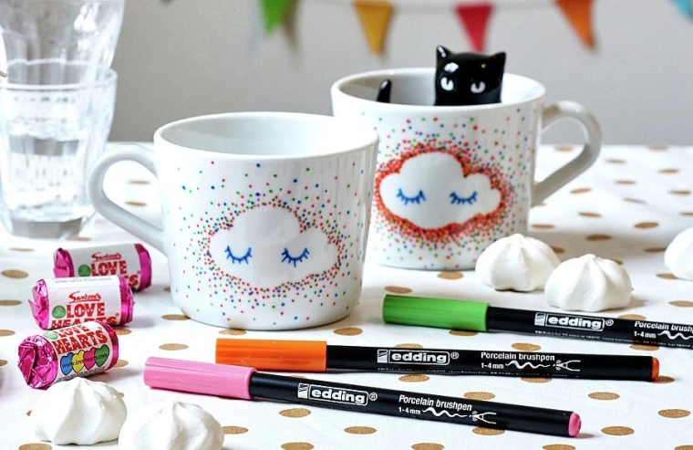 Creative decor on mugs, plates, and glass jars