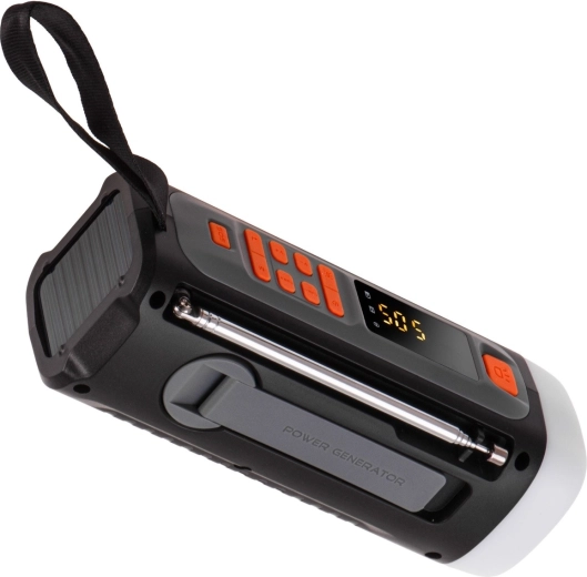 Three power sources: solar, crank, and USB‑C