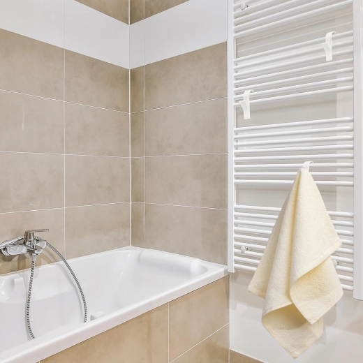 Tidy by the radiator and in the bathroom