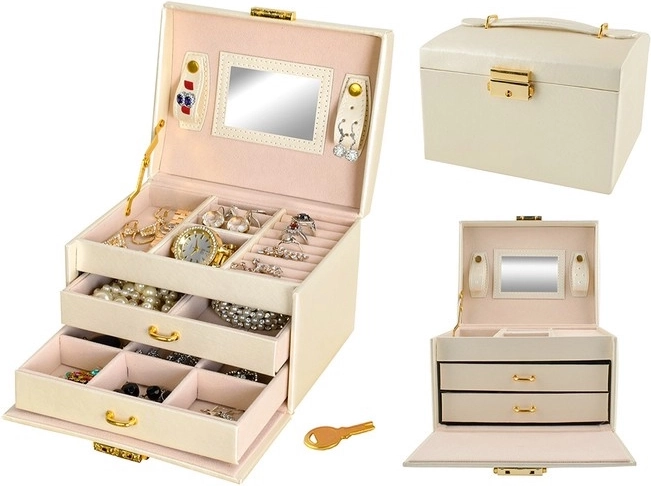 Satin Jewelry Box with Key and Mirror – Beige