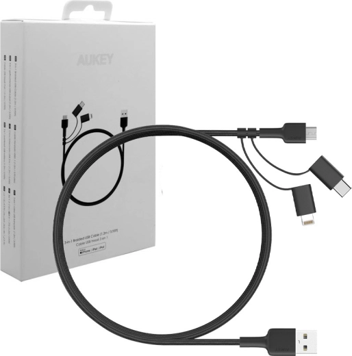 Aukey 3v1 nabíjecí kabel USB-A na Lightning, USB‑C a micro USB 1,2 m, černý nylon