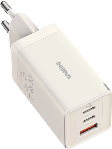 Baseus GaN5 65 W wall charger, 2× USB-C + USB-A + USB-C/USB-C cable 1 m (white)