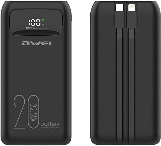 Power Bank 20000 mAh Awei P169K with 22.5 W Fast Charging and LCD Display