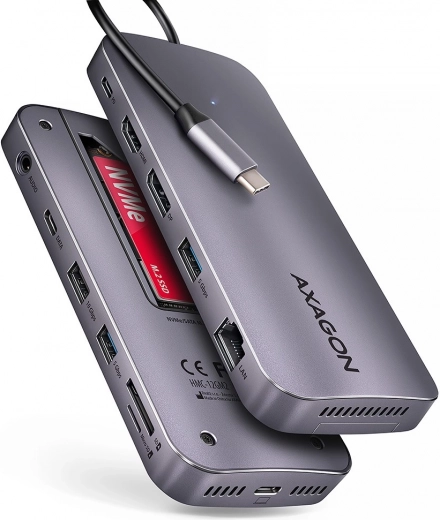 Axagon HMC-12GM2 hub USB‑C 12in1 con M.2 NVMe/SATA, 10 Gb/s, HDMI/DP 4K 60 Hz, GLAN, SD/microSD, audio, PD 100 W
