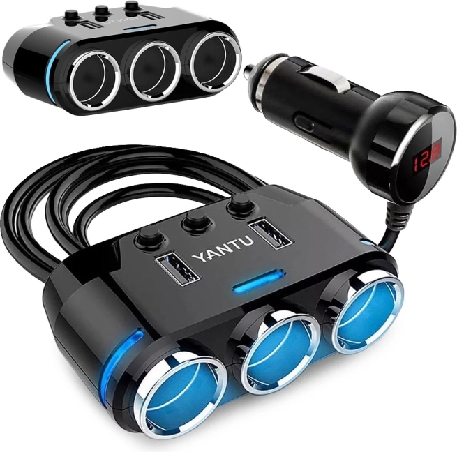 Car splitter with 3 cigarette lighter sockets and 2 USB, voltmeter