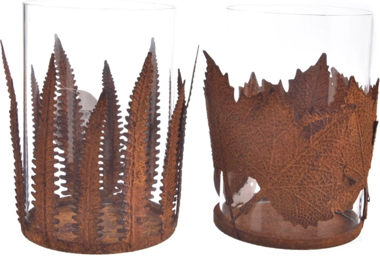 Bougeoir décoratif en verre et métal avec motif de feuilles, finition patinée rouille