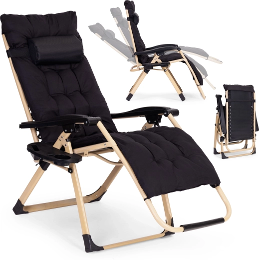 Adjustable garden lounger with cushion and headrest, black, gold frame MultiGarden