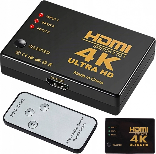 HDMI switch 3×1 with remote control, 4K UHD