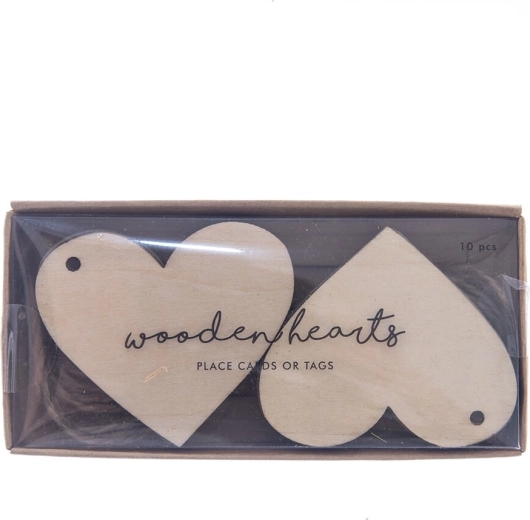 Wooden heart-shaped tags with string, beige, 10 pcs