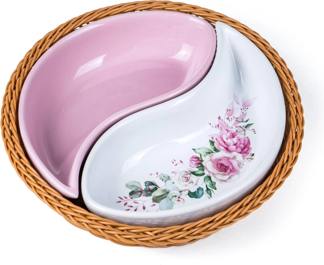 Set of ceramic bowls in a wicker basket ROSE 20.5 cm