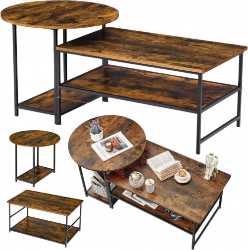 Set di tavolini da caffè 2 in 1 vintage legno rustico