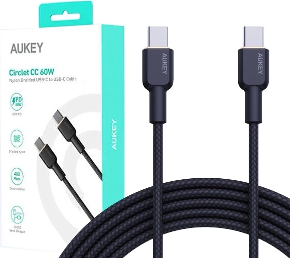 Aukey USB‑C to USB‑C Cable 1 m with Nylon Braid, 60 W PD, 3 A
