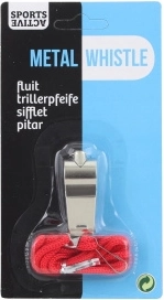 Metal sports whistle with lanyard
