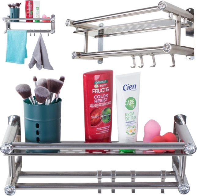Bathroom hanging shelf with hooks and double towel bar, aluminum, silver