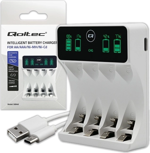 Oplader til Ni-MH AA/AAA-batterier med LCD og USB‑C-kabel, hvid