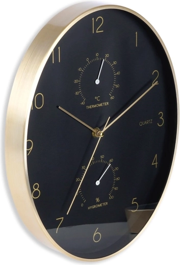 Vægur i sort og guld med termometer og hygrometer 27 × 34,5 cm