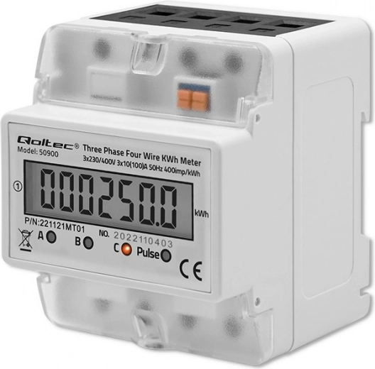 Three-phase digital electricity meter on DIN rail with LCD display