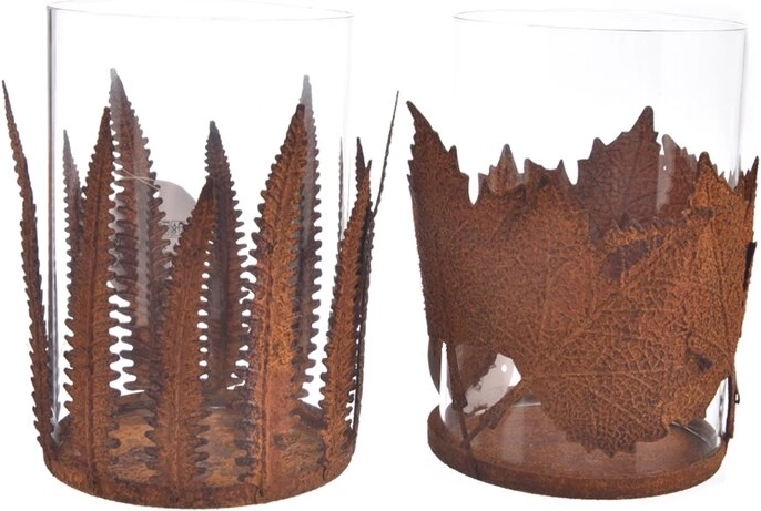 Bougeoir décoratif en verre et métal avec motif feuille, coloris rouille