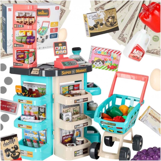 Kids’ supermarket with accessories and shopping cart, 47 pieces, mint