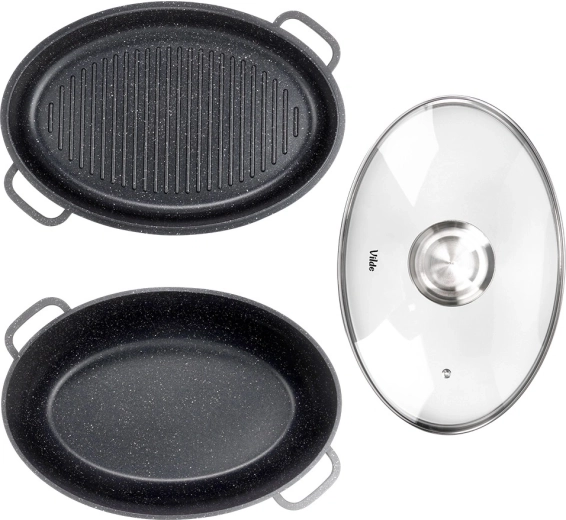 3-in-1: roaster, grill pan and glass lid