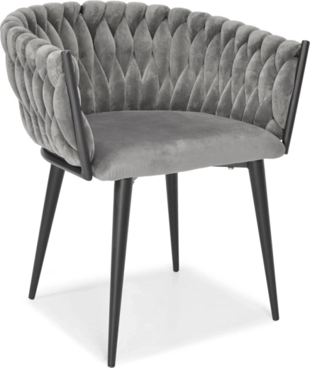Sedia imbottita in velluto per sala da pranzo e soggiorno, velluto grigio, gambe in metallo nero