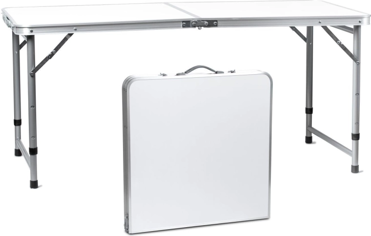Folding camping table with handle and adjustable height 120 × 60 cm, white