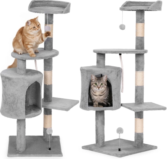 Cat scratching tree with house and bed 110 cm, grey PETSI