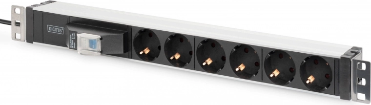 DIGITUS 19" rack PDU power strip, 6x Schuko, 2 m cable, circuit breaker, aluminum profile