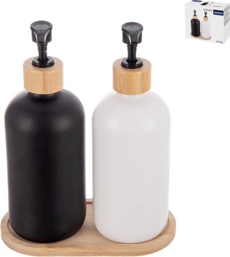 Set da bagno in vetro e bambù 2+1 con dispenser