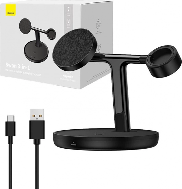magnetic wireless charging stand BASEUS Swan 3-in-1, 15 W MagSafe, black