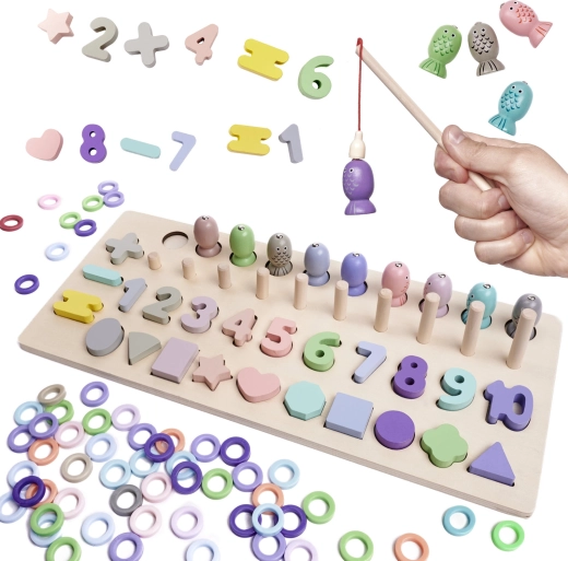Wooden 2-in-1 educational game: shape sorter, counting board and magnetic fishing