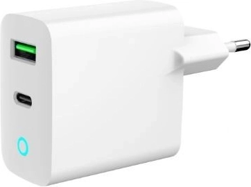 USB-A/USB-C 20 W wall charger with LED, PD and QC 3.0, white
