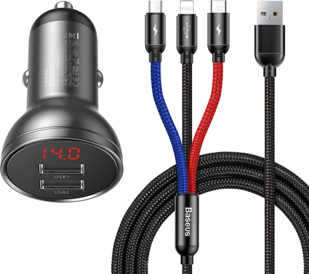 Baseus Car Charger with Display and USB 3 in 1 Cable 24W