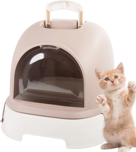 Enclosed cat litter box with pull-out tray and filter