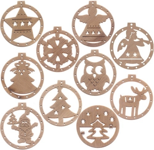 Wooden Christmas tree ornaments, 10 pcs with string