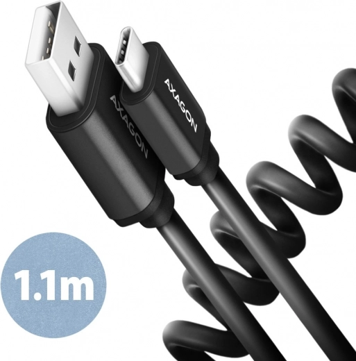 Axagon Twister cavo USB‑C a USB‑A 1,1 m, USB 2.0, 3 A, alluminio, nero
