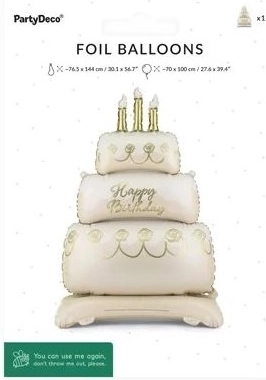 Standing foil balloon in the shape of a cake – Happy Birthday