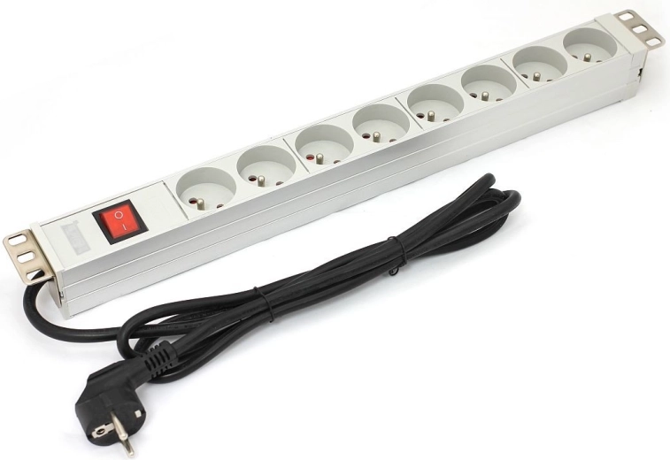 PDU stekkerdoos voor 19" rack, 8× Type E, 1,8 m, Schuko, schakelaar, aluminium