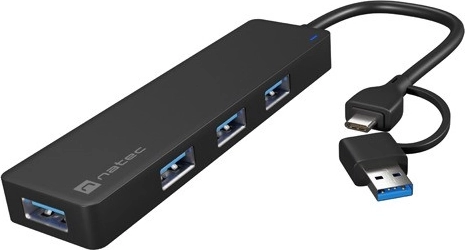 Hub USB NATEC Mayfly 4× USB 3.0 con adattatore USB‑C/USB‑A, nero
