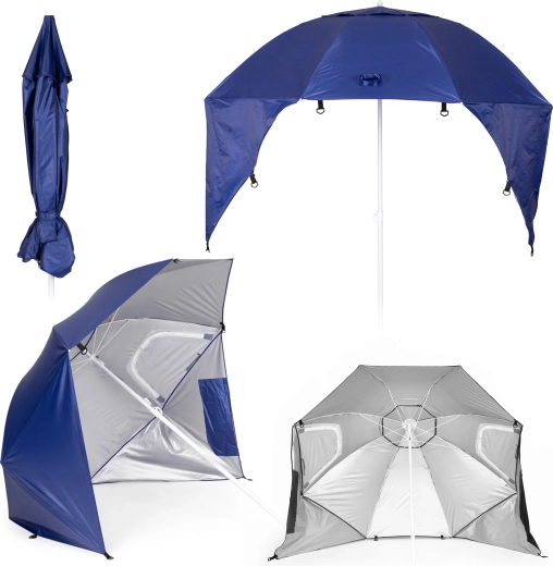 MultiGarden 2-in-1 Beach Umbrella with Windbreak Side Walls, Adjustable 125–200 cm, Blue