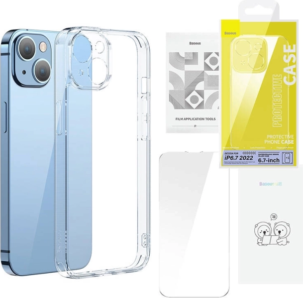 Baseus SuperCeramic průhledné skleněné pouzdro a sada tvrzeného skla pro iPhone 14 – Plus