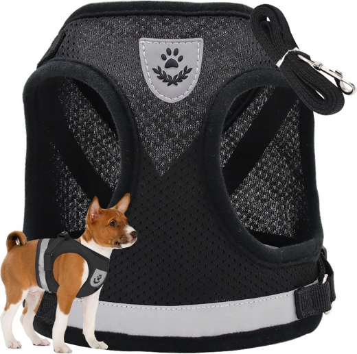 Pettorina a pressione zero per cani, gatti e conigli XS – nera, riflettente, con guinzaglio
