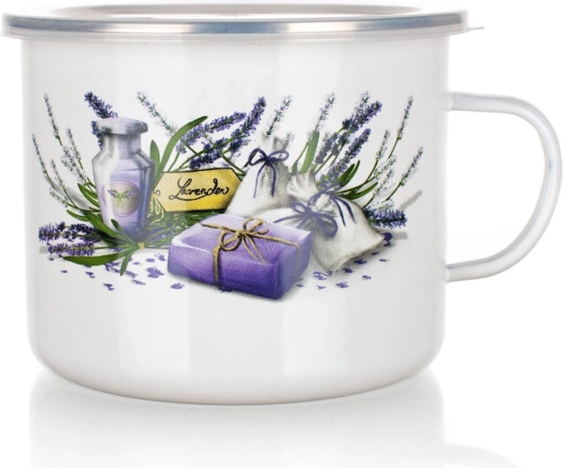Tazza smaltata Lavender 1,4 l con coperchio in plastica, diametro 14 cm