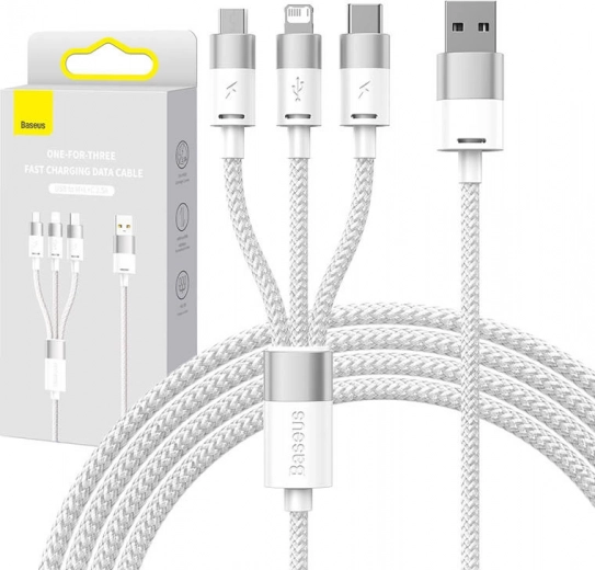 cavo di ricarica 3‑in‑1 Baseus StarSpeed, USB‑C + Micro USB + Lightning, 3,5 A, 1,2 m, bianco