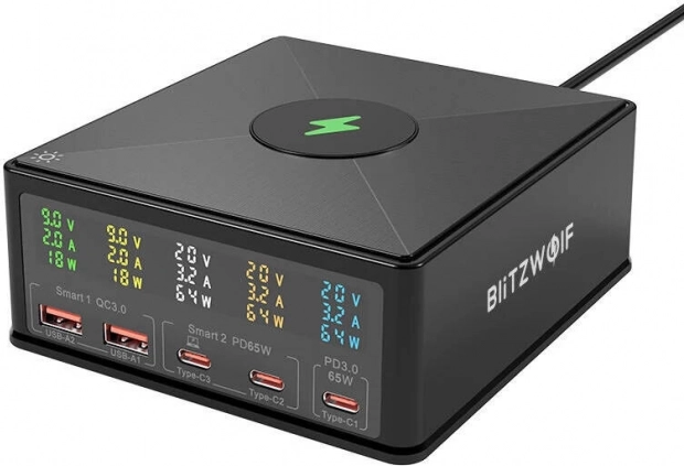 BLITZWOLF 160 W Charging Station, 3× USB‑C, 2× USB‑A with wireless charging